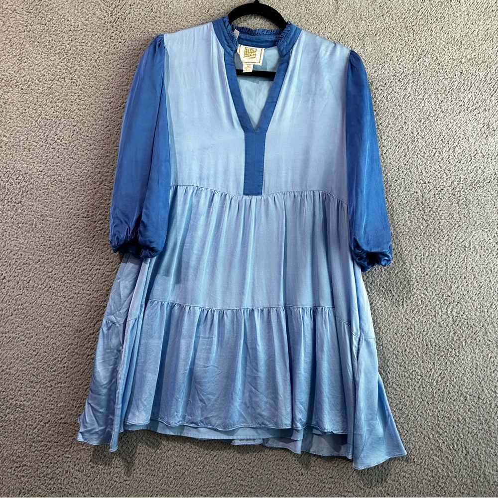 EMILY MCCARTHY Frankie Mini Dress Women’s Medium Blue Tiered Balloon Sleeve